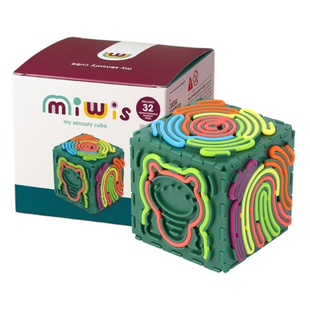 Cubo sensorial Miwis con su caja y tiras de colores