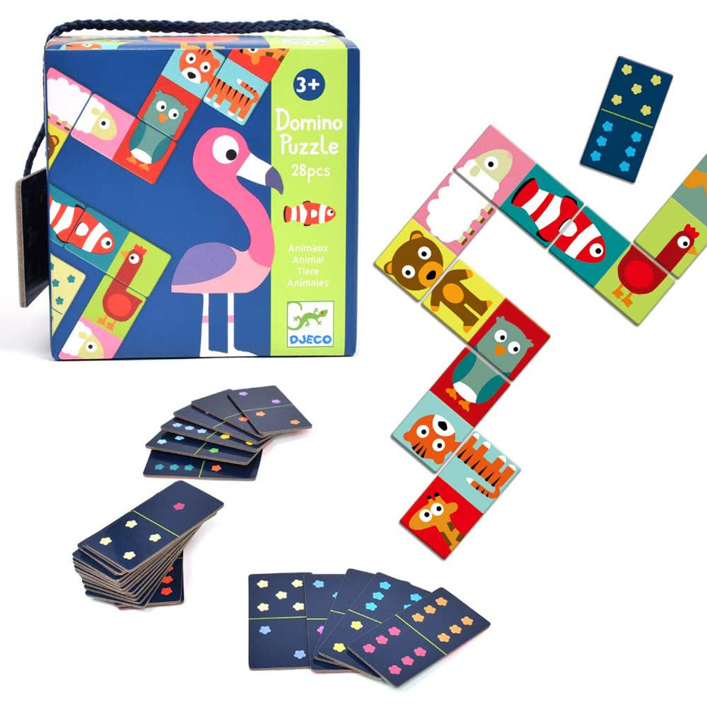 Dominó infantil Djeco Animo Puzzle con caja y fichas de animales desplegadas