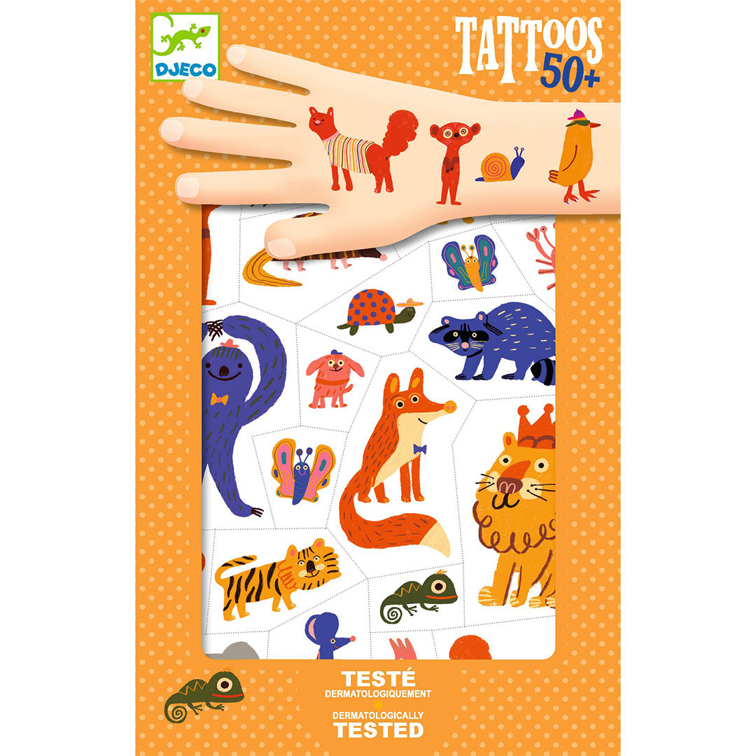 Tatuajes infantiles Djeco Animales divertidos: dos láminas de tatuajes temporales con animales de colores