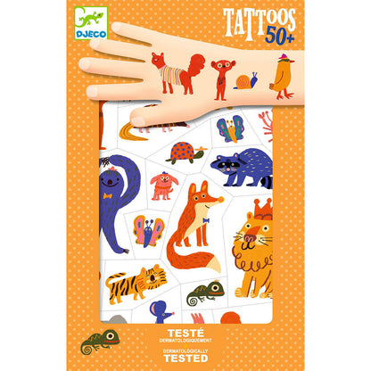 Tatuajes infantiles Djeco Animales divertidos: dos láminas de tatuajes temporales con animales de colores