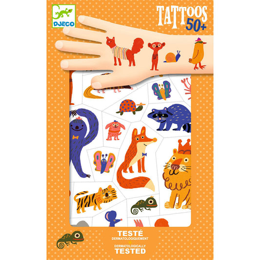 Tatuajes infantiles Djeco Animales divertidos: dos láminas de tatuajes temporales con animales de colores