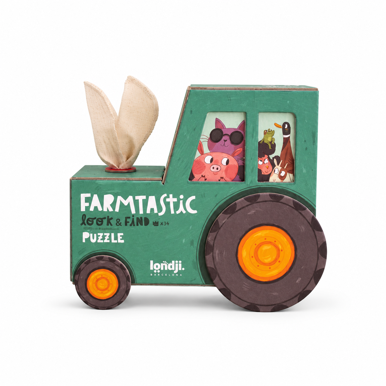 Caja con forma de tractor del puzzle Farmtastic de Londji sobre fondo blanco