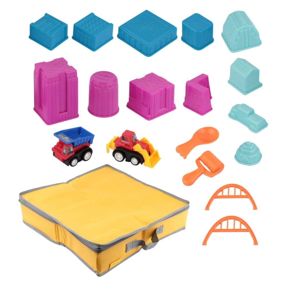Contenido de Sand City: moldes, herramientas, dos vehículos y bandeja amarilla