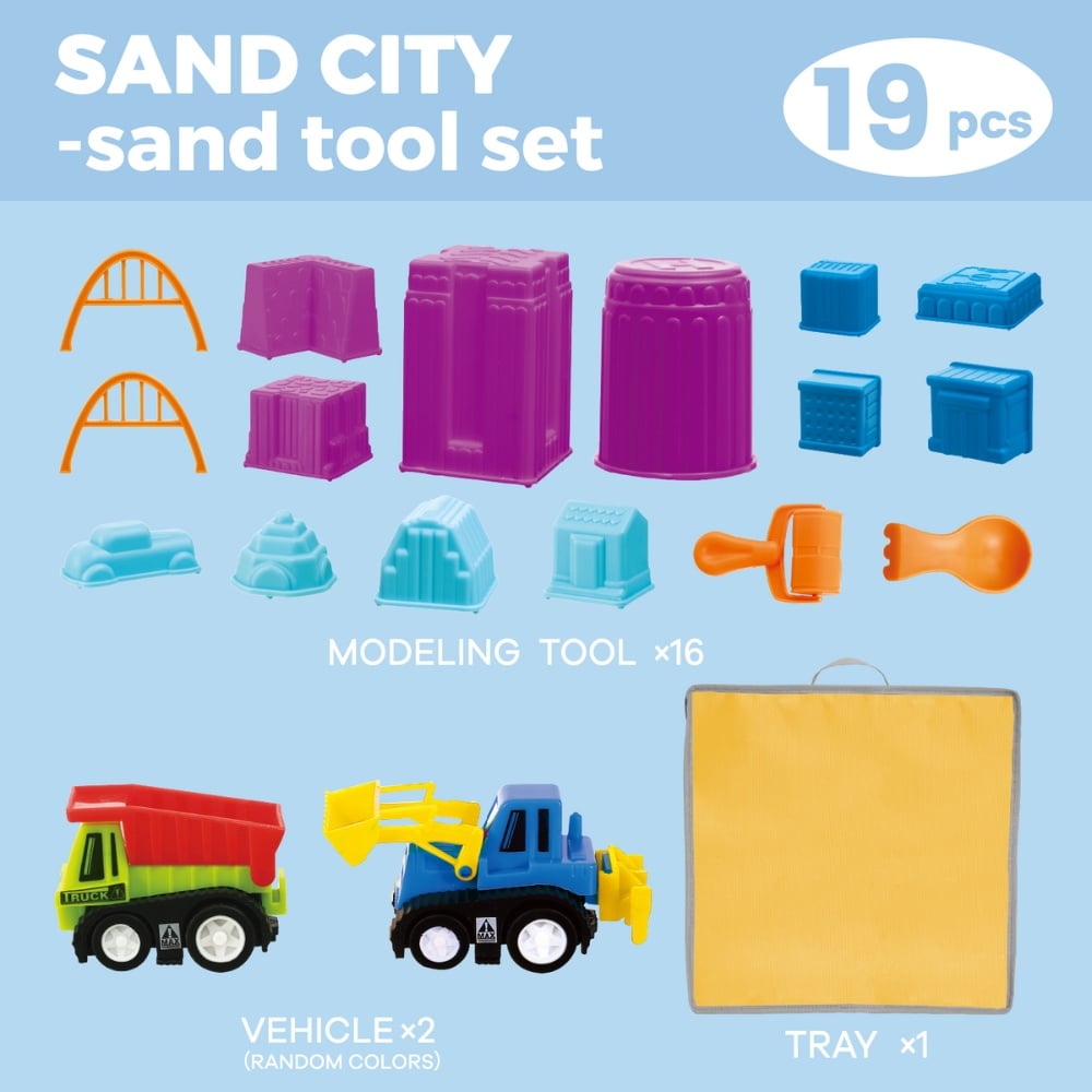 Desglose de las 19 piezas de Sand City; los colores de los vehículos pueden variar