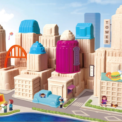 Escenario ilustrativo de edificios de arena con moldes Sand City; decoración y arena no incluidas