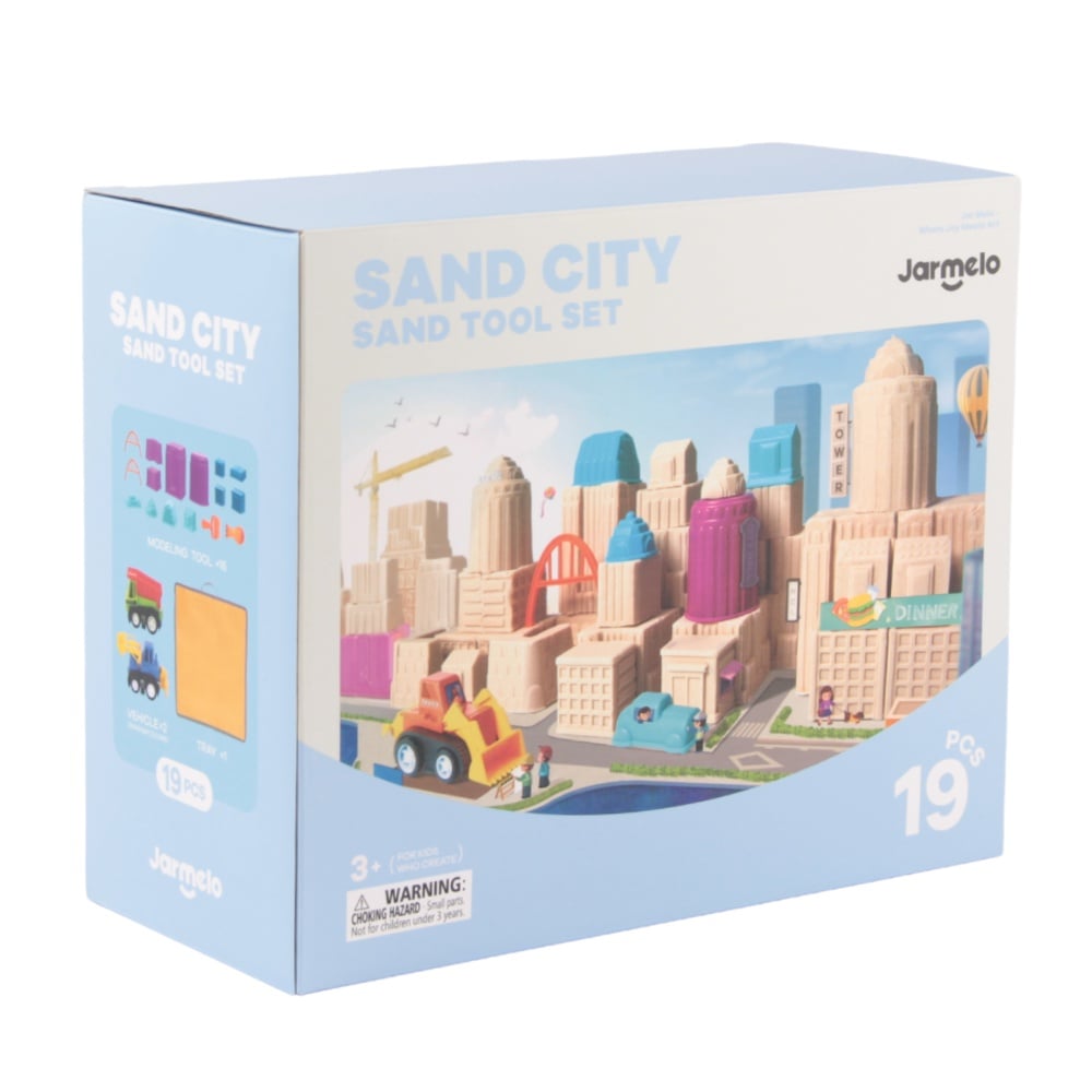 Caja del kit Jarmelo Sand City de 19 piezas sobre fondo blanco