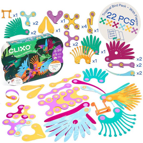 JUEGO DE CONSTRUCCIÓN MAGNÉTICO ·CLIXO TROPICAL BIRDS· - Happy Moments Baby