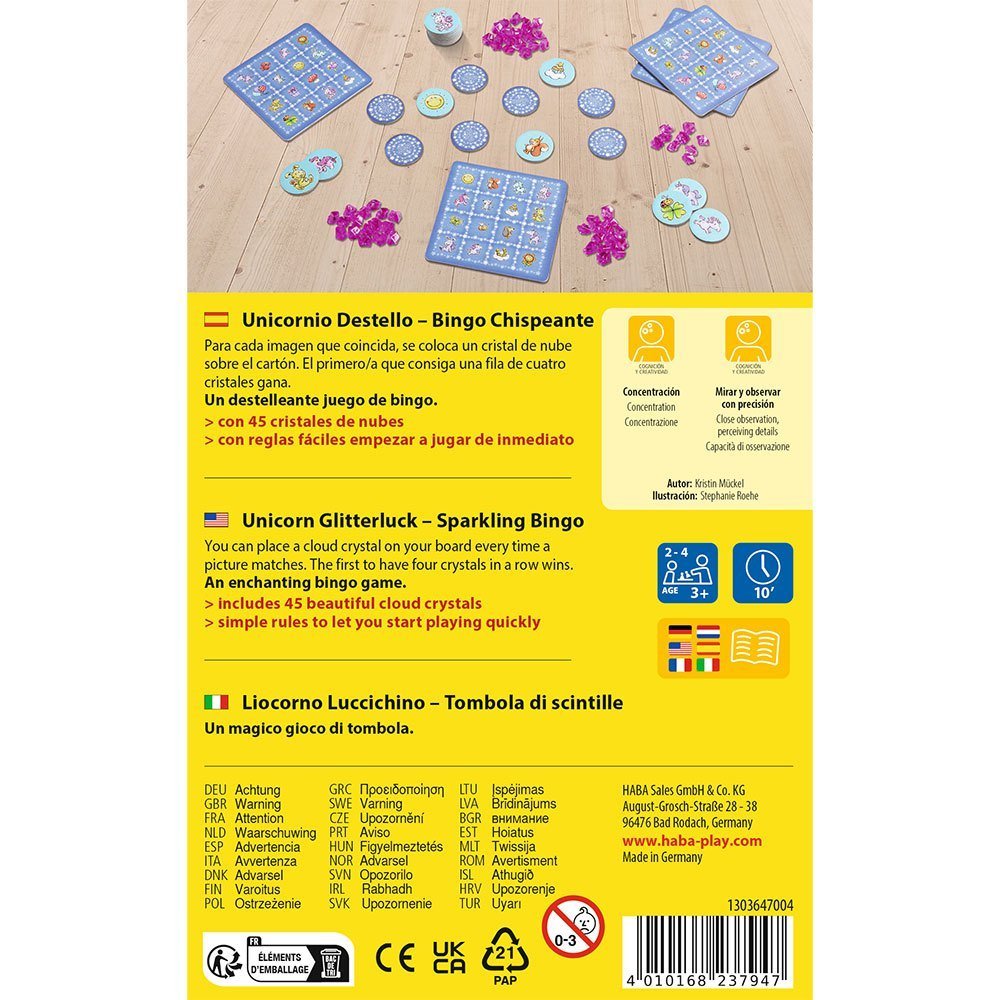 JUEGO DE MESA HABA ·UNICORNIO DESTELLO - BINGO CHISPEANTE· - Happy Moments Baby