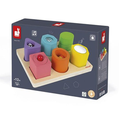 JUGUETE DE MADERA JANOD ·PUZLE CON 6 FIGURAS SENSORIALES· - Happy Moments Baby