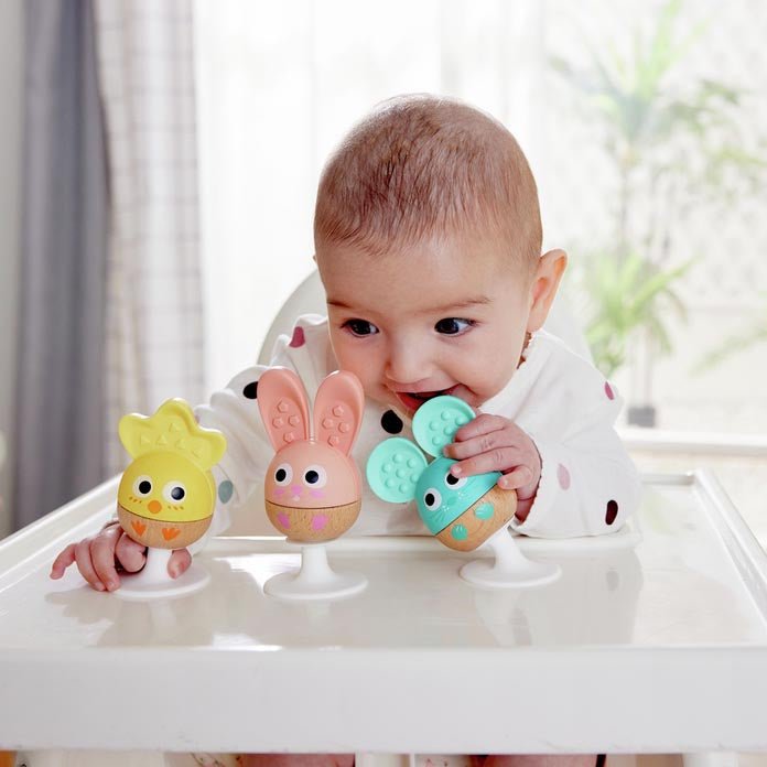 JUGUETE SENSORIAL HAPE ·SET DE 3 SONAJEROS CON VENTOSA Y MORDEDORES· - Happy Moments Baby