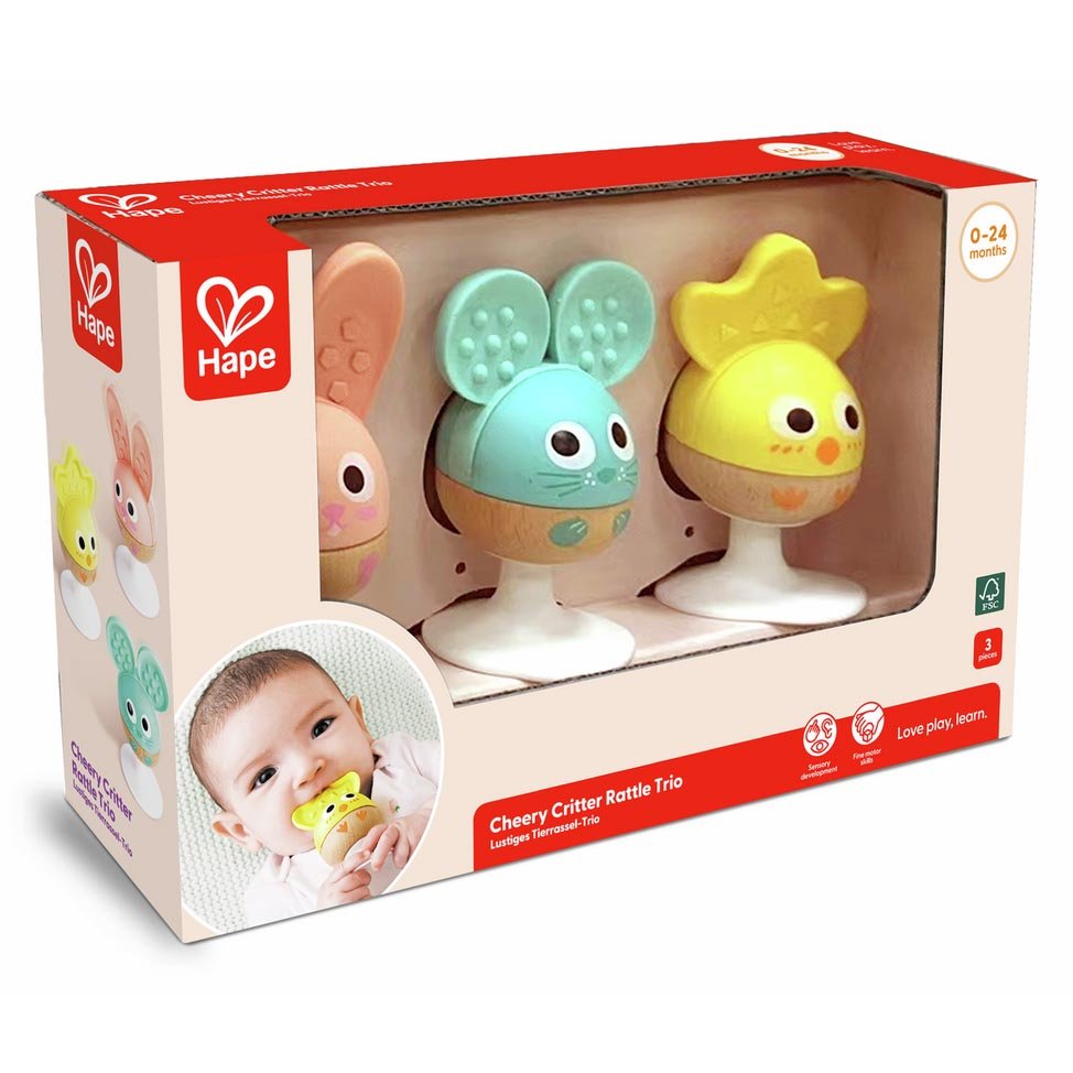 JUGUETE SENSORIAL HAPE ·SET DE 3 SONAJEROS CON VENTOSA Y MORDEDORES· - Happy Moments Baby