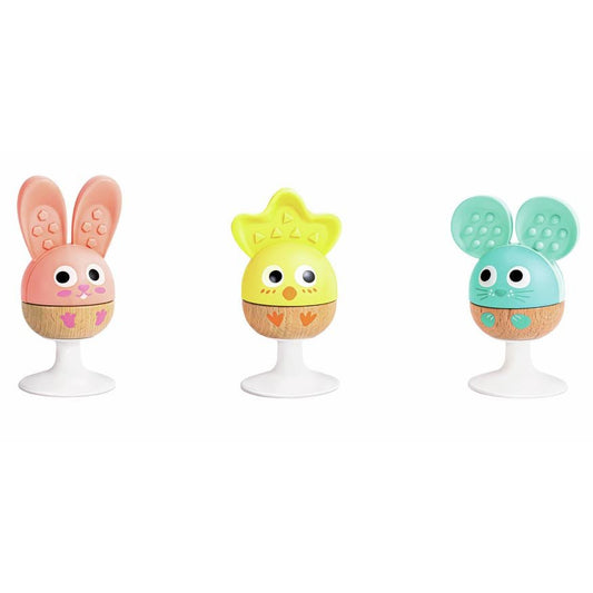 JUGUETE SENSORIAL HAPE ·SET DE 3 SONAJEROS CON VENTOSA Y MORDEDORES· - Happy Moments Baby