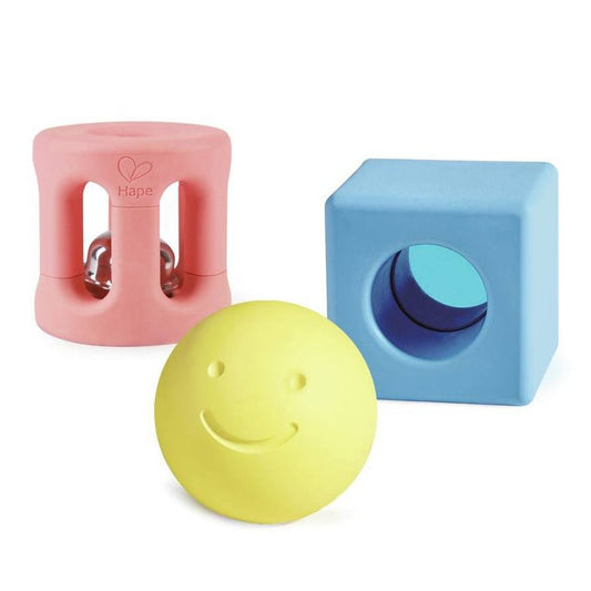 JUGUETE SENSORIAL HAPE ·SONAJEROS GEOMÉTRICOS PASTEL· - Happy Moments Baby