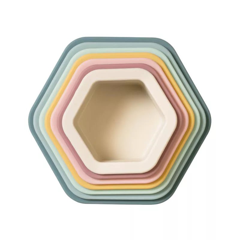 JUGUETE SENSORIAL SILICONA SARO ·HEXÁGONOS APILABLES· - Happy Moments Baby