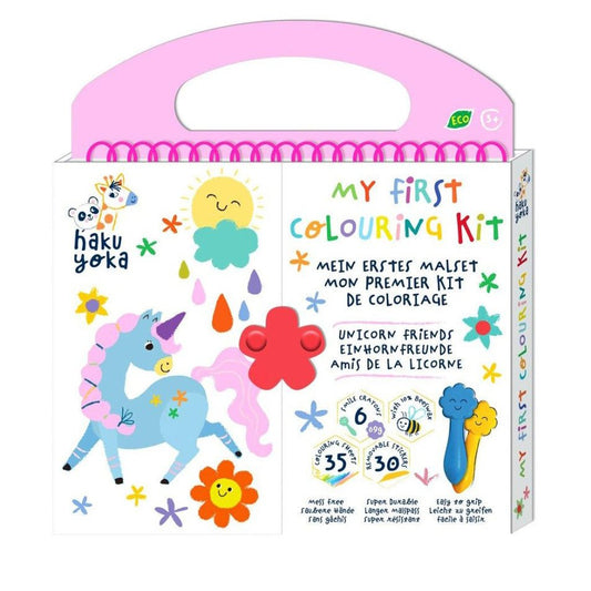 KIT PARA COLOREAR CON CERAS Y STICKERS ·AMIGOS DE LOS UNICORNIOS· - Happy Moments Baby