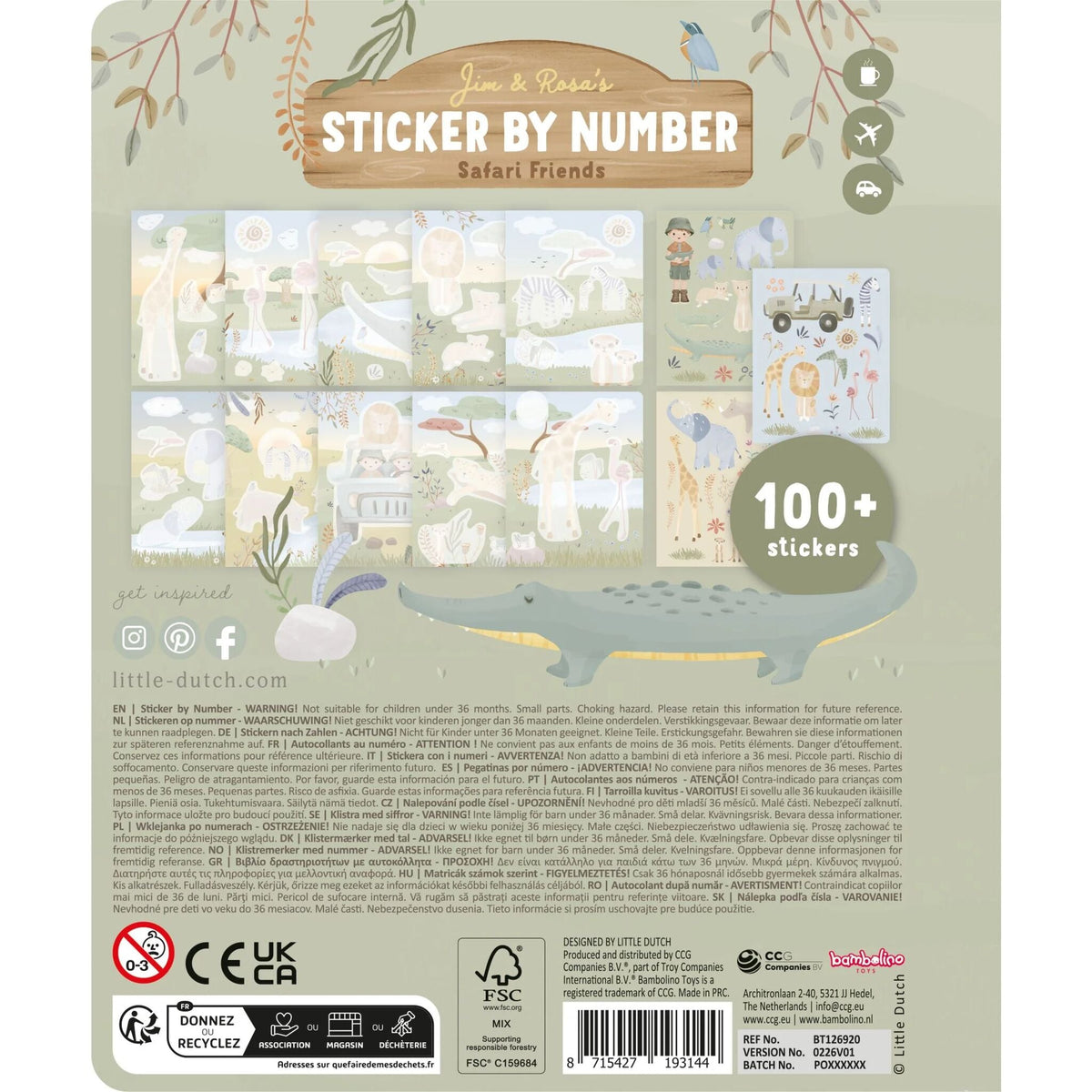 Contraportada del libro de pegatinas por números Jim Safari Friends