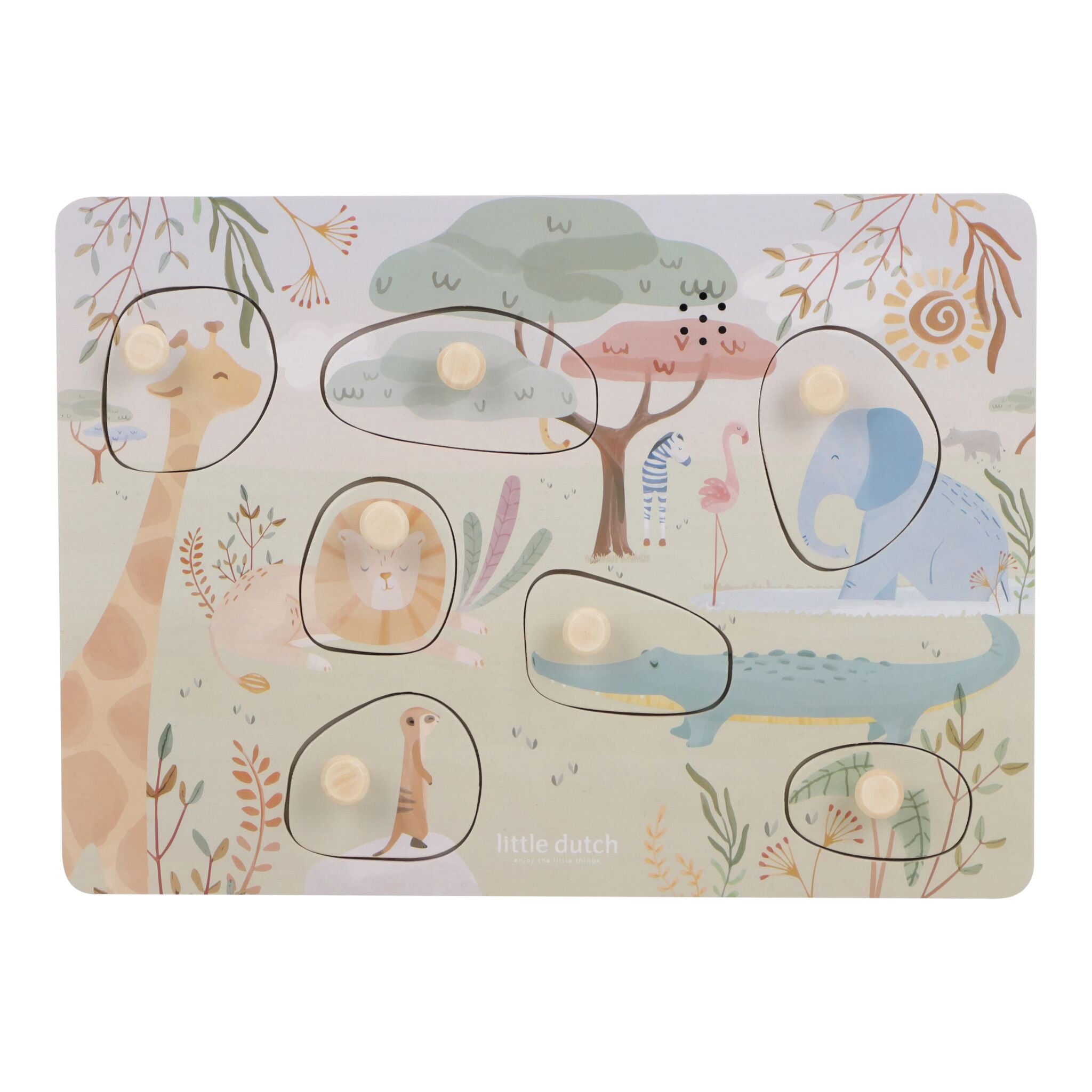 Puzzle con sonido Safari Friends de Little Dutch con siete animales y pomos sobre fondo blanco
