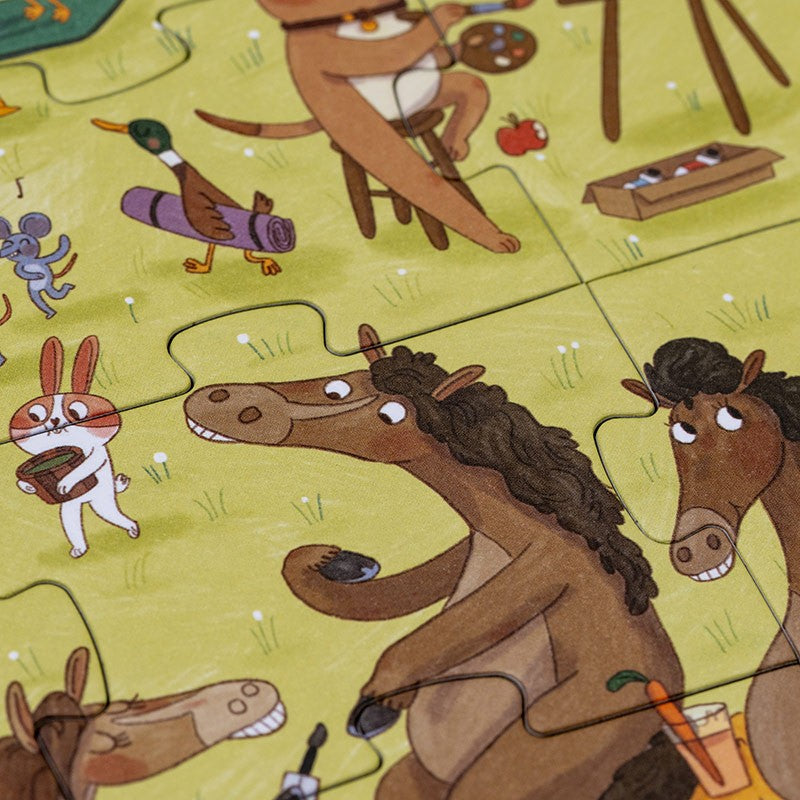 Escena de cuidado de las pezuñas del caballo en Farmtastic