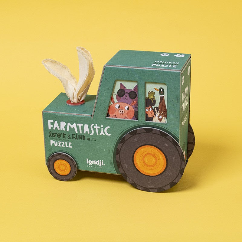 Caja de Farmtastic con forma de tractor vista en perspectiva