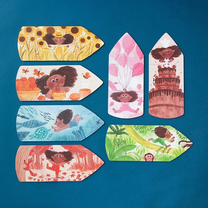 Reverso de los siete puzzles My Colours con escenas ilustradas