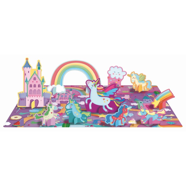 Escena montada del puzle y figuras de unicornios