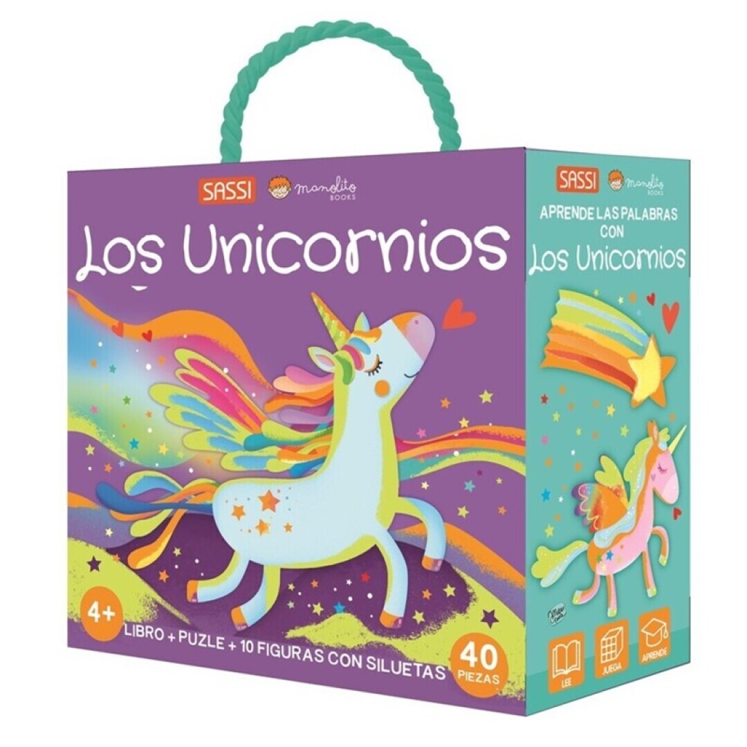 Portada de MALETÍN PUZZLE + LIBRO ·EL MÓN DELS UNICORNS· de Manolito Books, edición correcta
