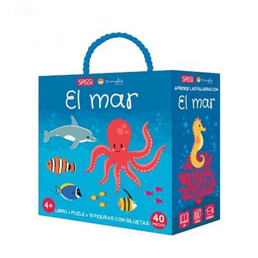 Maletín puzzle y libro El mar de Manolito Books: producto completo sobre fondo blanco, imagen cuadrada