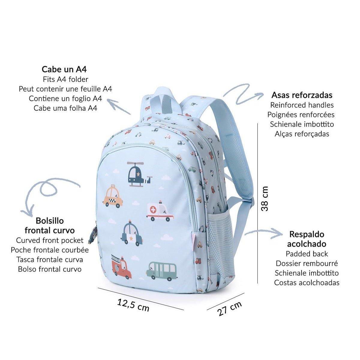MOCHILA ESCOLAR MEDIANA TUTETE + LLAVERO PERSONALIZABLE ·CITY CARS· - Happy Moments Baby