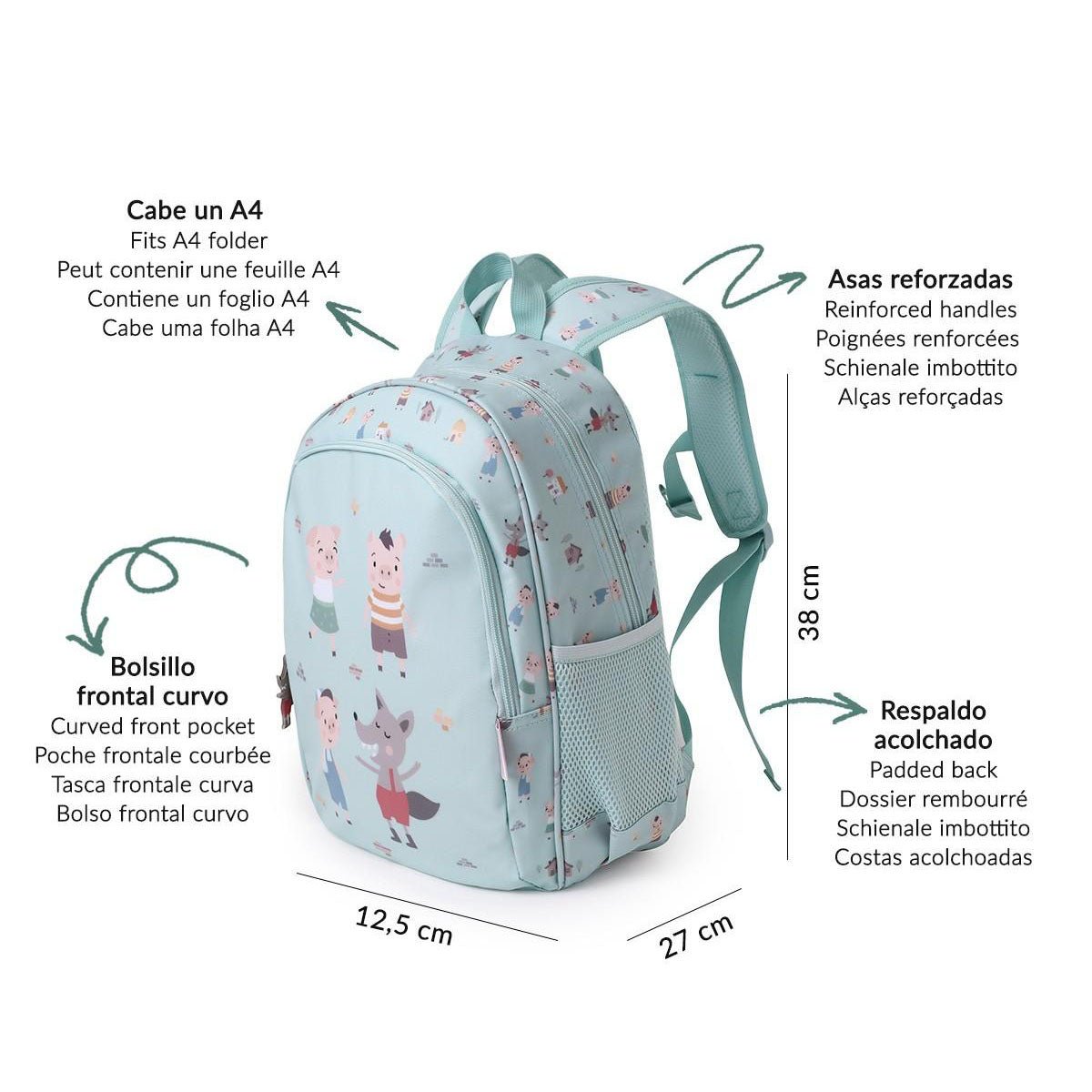 MOCHILA ESCOLAR MEDIANA TUTETE + LLAVERO PERSONALIZABLE ·THREE LITTLE PIGS· - Happy Moments Baby