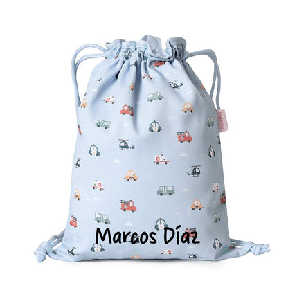 MOCHILA SACO INFANTIL DE TELA TUTETE ·CITY CARS· - Happy Moments Baby