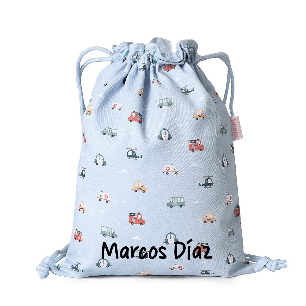 MOCHILA SACO INFANTIL DE TELA TUTETE ·CITY CARS· - Happy Moments Baby