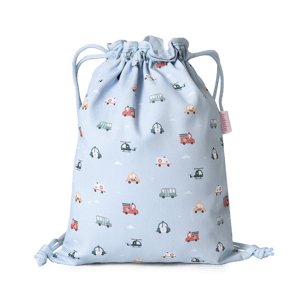 MOCHILA SACO INFANTIL DE TELA TUTETE ·CITY CARS· - Happy Moments Baby