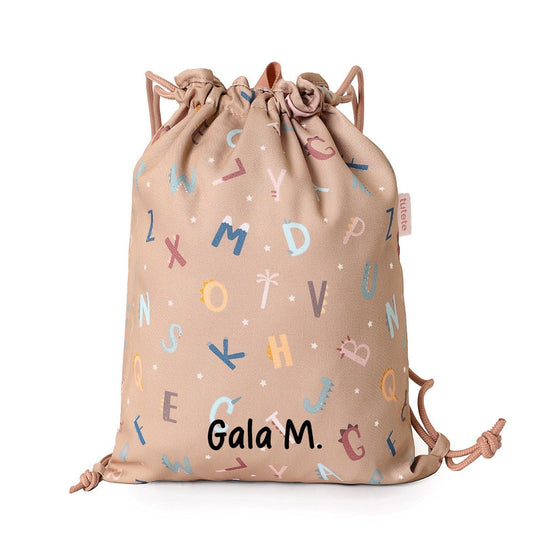 MOCHILA SACO INFANTIL DE TELA TUTETE ·FUNNY LETTERS· - Happy Moments Baby