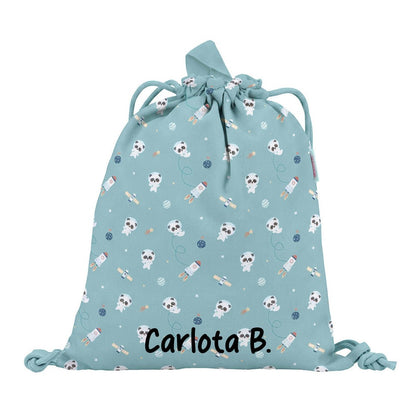 MOCHILA SACO INFANTIL DE TELA TUTETE ·PANDAS IN SPACE· - Happy Moments Baby