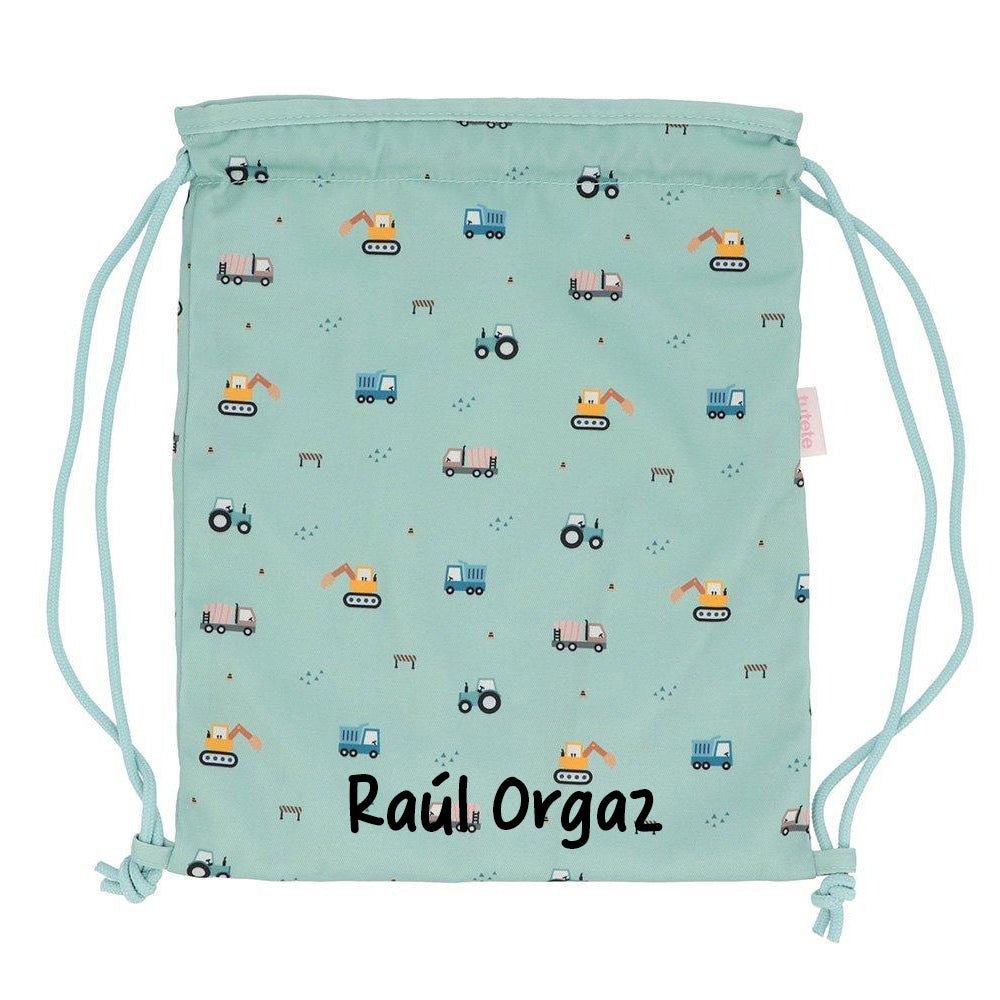 MOCHILA SACO INFANTIL DE TELA TUTETE ·TRUCKS· - Happy Moments Baby