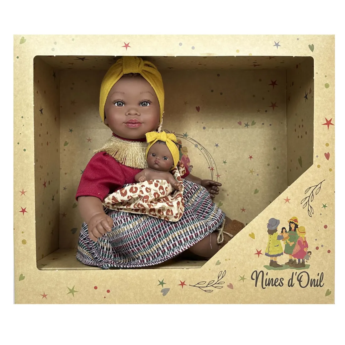 Muñeca Alika con bebé Burgundy en su caja de Nines d'Onil