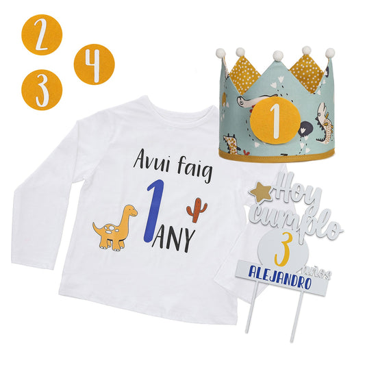 PACK CORONA + CAMISETA + TOPPER CUMPLEAÑOS ·DINOS· - Happy Moments Baby