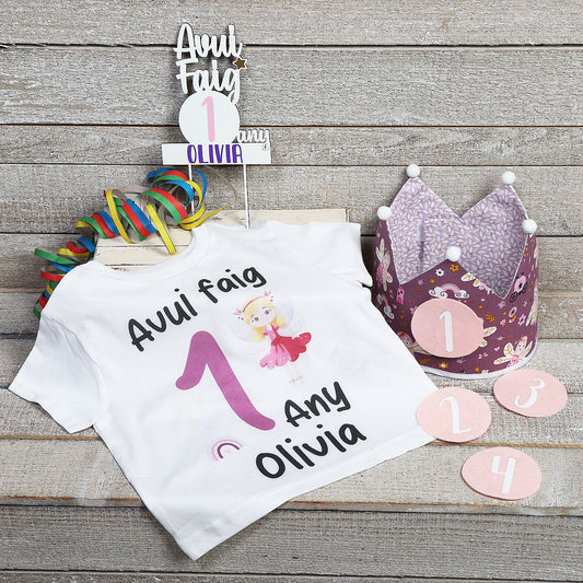 PACK CORONA + CAMISETA + TOPPER CUMPLEAÑOS ·HADAS· - Happy Moments Baby