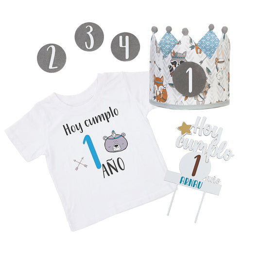 PACK CORONA + CAMISETA + TOPPER CUMPLEAÑOS ·INDIO· - Happy Moments Baby