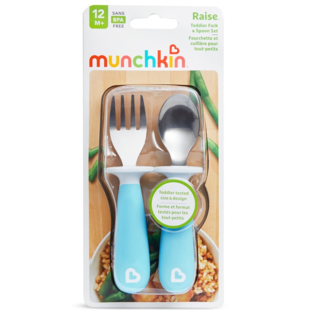 PACK CUCHARA Y TENEDOR DE ACERO MUNCHKIN ·RAISE AZUL· - Happy Moments Baby