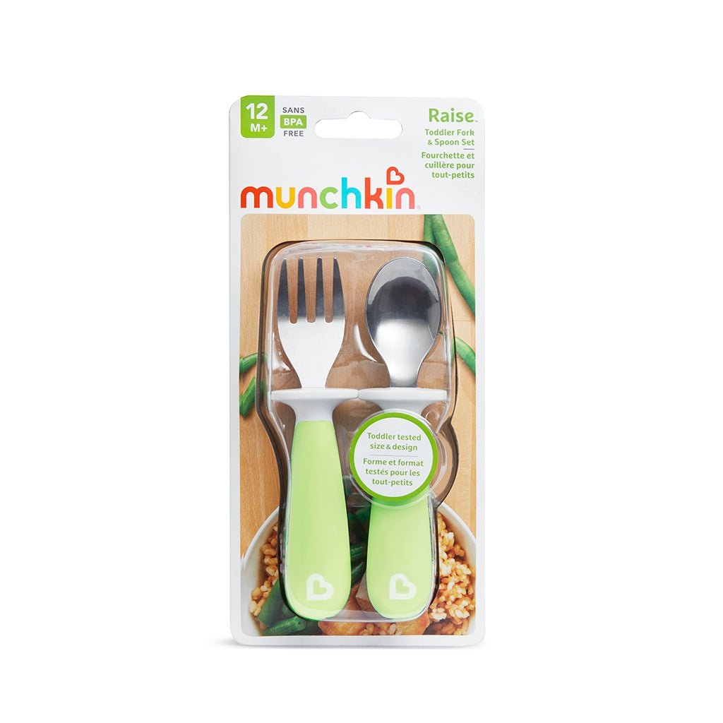 PACK CUCHARA Y TENEDOR DE ACERO MUNCHKIN ·RAISE VERDE· - Happy Moments Baby