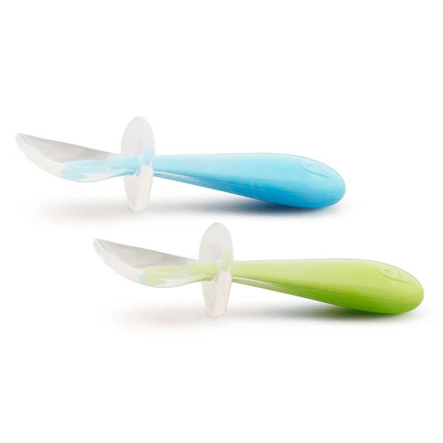 PACK DE DOS CUCHARAS DE APREDIZAJE DE SILICONA ·GENTLE AZUL/VERDE· - Happy Moments Baby