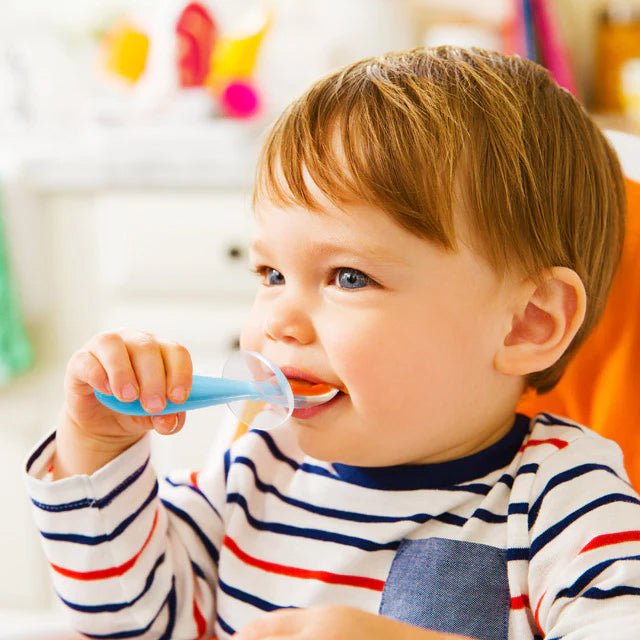PACK DE DOS CUCHARAS DE APREDIZAJE DE SILICONA ·GENTLE AZUL/VERDE· - Happy Moments Baby