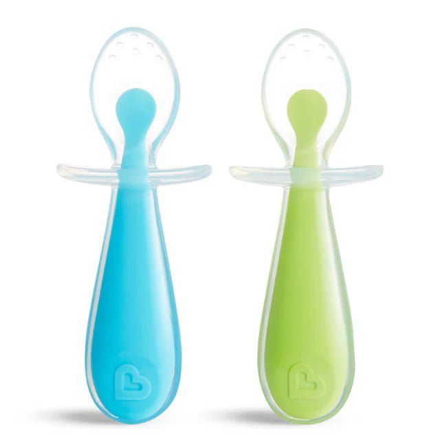 PACK DE DOS CUCHARAS DE APREDIZAJE DE SILICONA ·GENTLE AZUL/VERDE· - Happy Moments Baby