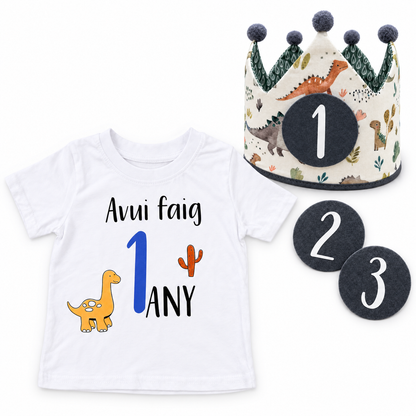 Pack Dinos con nueva corona de dinosaurios, camiseta, con tres números intercambiables
