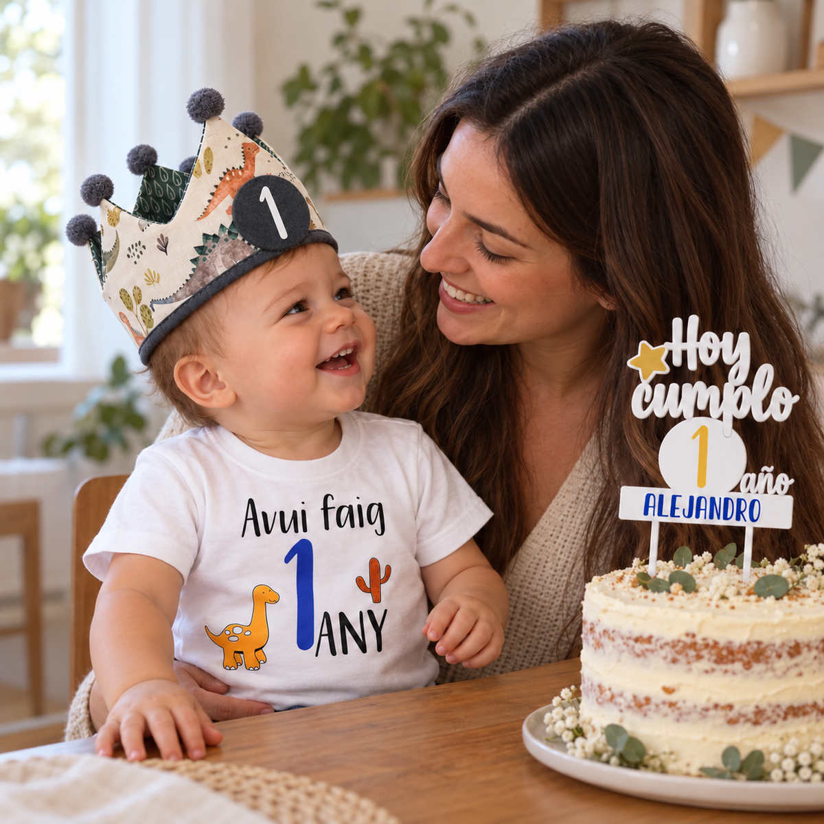 Bebé de un año con corona Dinos y camiseta de dinosaurio, junto a una tarta con topper personalizado