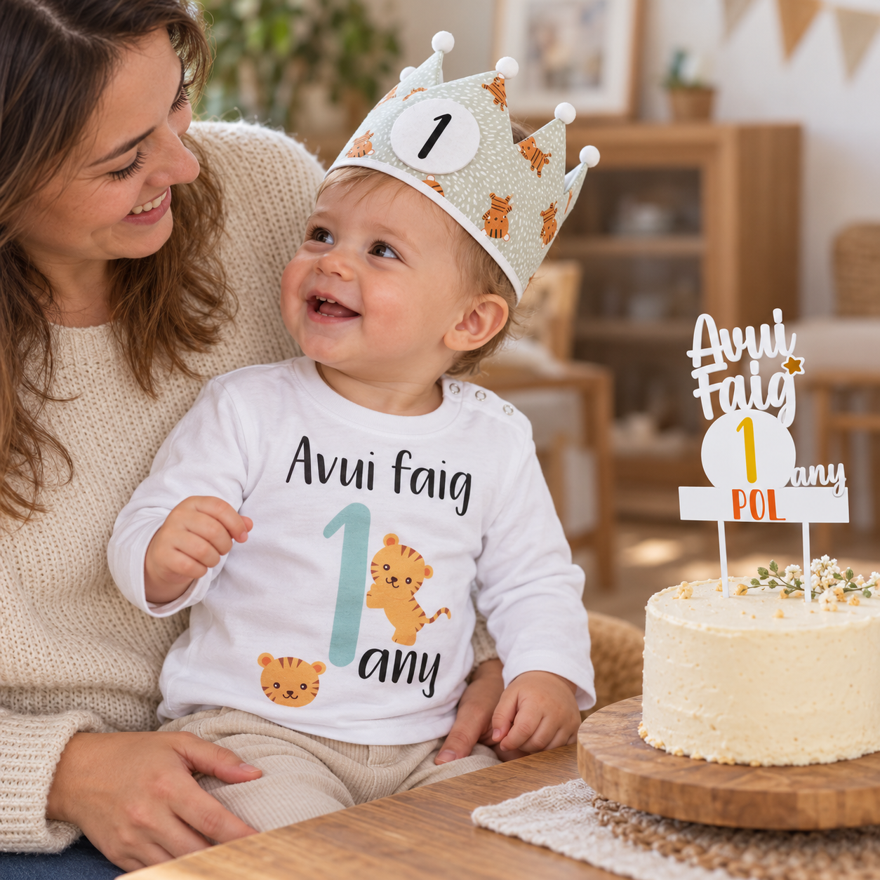 Bebé con corona y camiseta Tigres junto a la tarta con topper personalizado