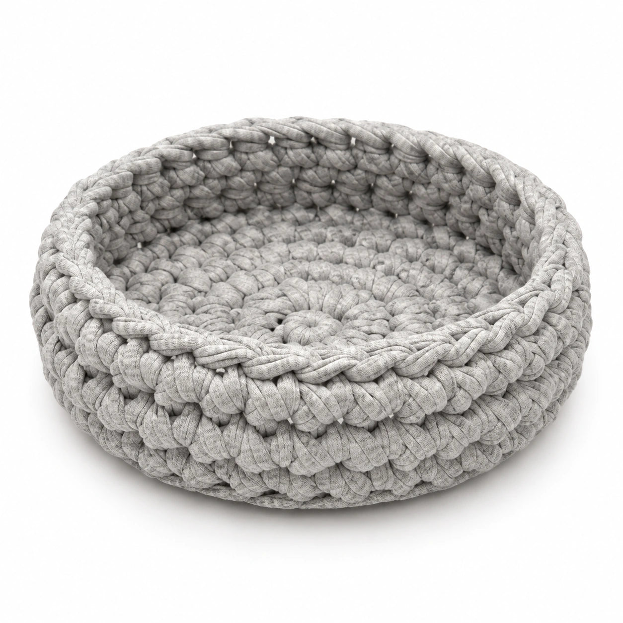 Panera de trapillo Silver Cloud gris jaspeado, vacía y sin accesorios, con interior y tejido artesanal visibles