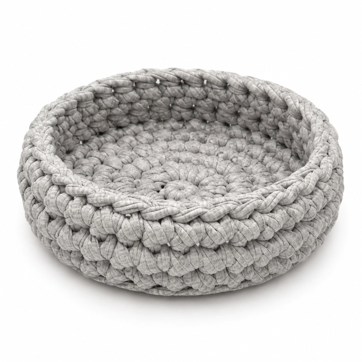 Panera de trapillo Silver Cloud gris jaspeado, vacía y sin accesorios, con interior y tejido artesanal visibles