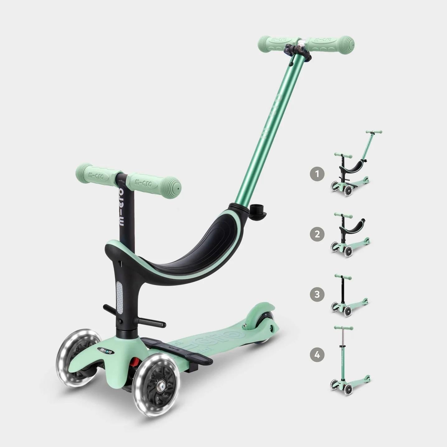 PATINETE EVOLUTIVO MICRO 4 EN 1 CON LUCES ·DELUXE LED MENTA· - Happy Moments Baby